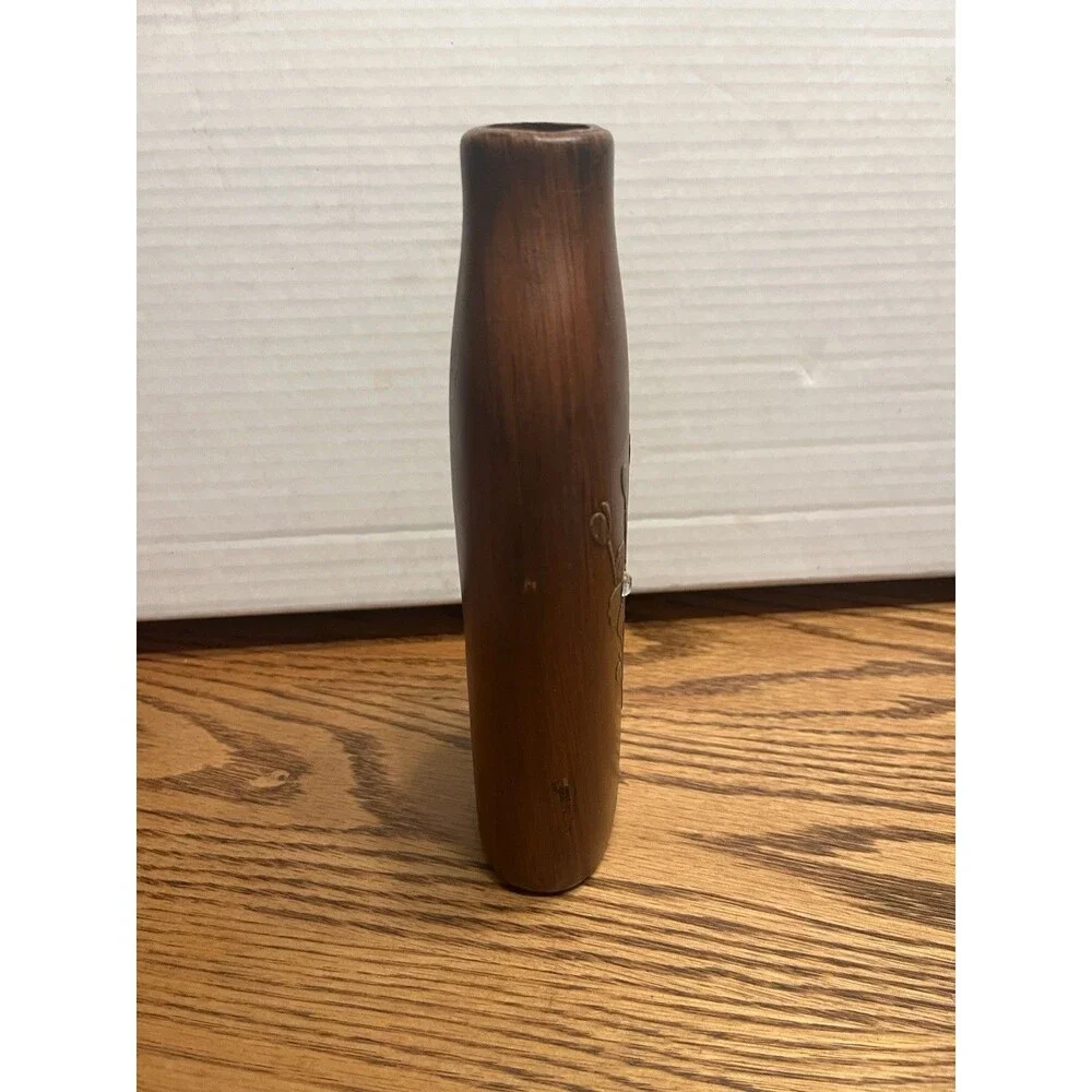 VINTAGE CERAMIC FAUX WOOD GRAIN  VASE 8” X  3” with RHINESTONE ACCENTS